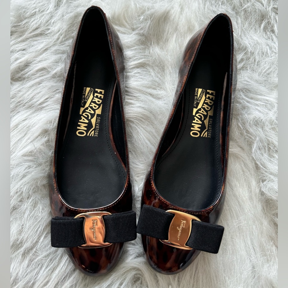 NEW Ferragamo Patent Leather Animal Print Ballet Flat